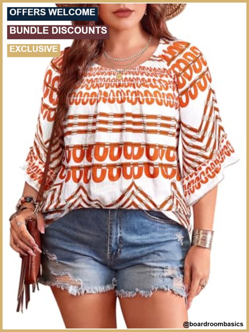 Plus Size Boho Peasant Blouse Ruffled 3/4 Sleeve Smocked Tunic Top